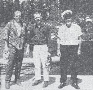 Movies of the Wilderness to be used as free educational movies at the Milwaukee Museum were taken in July 1966 by Don L. Danielson and an assistant. Shown, from left, are Rolf Skrien, who outfitted the men; Danielson; and Frank Kern, Canadian Customs man, stationed on Saganaga Lake.