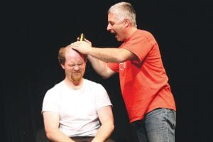 Top: Michael McHugh was all-too-ready to shear his friend Kris Hoffman’s head. Above: Kris Hoffman “before.” Right: Hoffman resigned to his fate. It was for a good cause!