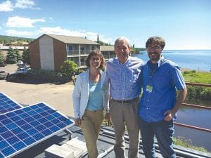 One stop by Congressman Rick Nolan on his whirlwind visit to Cook County was on the roof of the Cook County Whole Foods Co-op! Nolan checked out the new solar panels on the co-op roof. (L-R) Co-op Manager Jennifer Stoltz, Congressman Nolan, and Co-op Marketing and Education Coordinator Reed Schmidt.