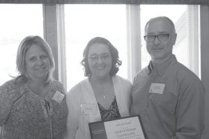 Arrowhead Pharmacy, partnering with the Cook County Senior Center, had a record-breaking turnout at their last blood drive. They received the “100 Club” award for the attendance that day. Presenting the award was Michele Keil of Memorial Blood Center. (L-R) Terri Goettl, Keil, Chris Goettl.