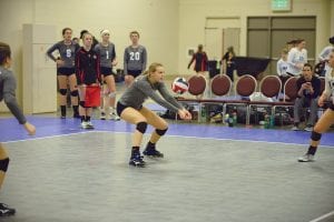 Showing good form, Meredith Sutton bumps the volleyball at one of the Minnesota North practices that are held several times a week in Duluth. Minnesota North is made up of area all-star volleyball players who compete in tournaments. Sutton was recently voted All-American by coaches at the AAU National tournament held in Florida.