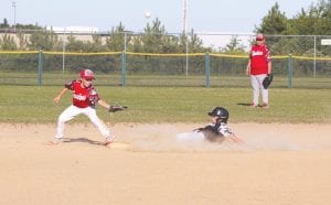 The Little League championship game between the Twins and the Dodgers featured many fine plays with the Twins coming out ahead. Above: Derek Smith steps on second base to make a force out on the hard sliding runner. Above right: Pat Pierre gets set to throw a hard strike in relief.