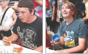 Left: Trenton Keller of Princeton won the Sven & Ole’s Pizza Eating Contest, finishing a 12-inch thick crust cheese pizza in 8 minutes 16 seconds. Right: After 7 years of trying, Gus Linden of Somerset, Wisconsin finally won the Pickled Herring Eating Contest, finishing the half-pound of herring in just 21.6 seconds.