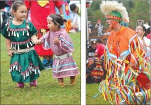 A highlight of the Rendezvous Powwow is the crowning of Grand Portage Royalty, which follows a traditional drum song just for them. Above left: 2016 Tiny Tot Princess Avionna Deschampe dances with her friend Nevaeh Deschampe. Above: Jordan Porter danced boldly as Senior Brave for Grand Portage. Right: All of the youths who took part in the Princess and Brave event (L-R, front) Nevaeh Deschampe, Tiny Tot Princess Avionna Deschampe. (L-R, back) Junior Princess Kassia Deschampe, Senior Brave Jordan Porter, Senior Princess Samantha Scalise, Junior Brave Hunter Childs.