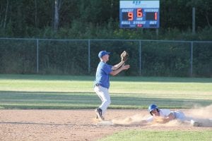 Taylor Baham fields a throw as Andy Borud slides head first into second. Borud was safe on the play but his uniform needed a good washing after the game.