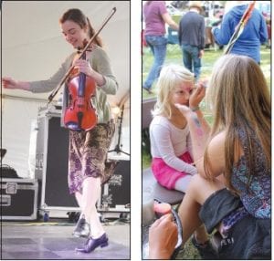 Far left: Fiddler Carrie Dlutkowski, accompanied by Susan Dlutkowski, not only fiddled but showed off some Ottawa Valley stepdancing. Left: The kids’ craft tent had lots of fun activities and very talented face-painters. Above: Die-hard music fans didn’t let a little rain deter them on Friday night.