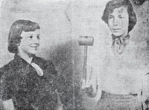 Members of the Grand Marais Pal’s 4-H Club show off a wooden gavel made from material secured from the White House in Washington during its renovation. Hilding Bjorklund of Grand Marais made the gavel. In this May 22, 1952 photo Beth Leng, club recorder, holds the gavel while Joan Toftey looks on.