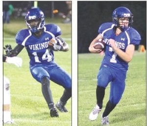 Left: Sam O’Phelan ran for 41 yards in the team’s loss to Frederic. Right: Ethan Sporn caught two touchdowns and recorded 15 tackles from his linebacker position against Fredric.