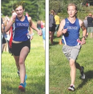 Above left: Robin Henrikson placed 1st in the JV girls’ race at Eveleth. Above right: Sam Libby led the boys’ JV team with a first place finish at Eveleth. Right: Will Surbaugh (left) and Leif Anderson finished 17th and 29th at Eveleth to help the boys' team to a second place finish.