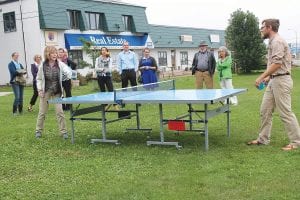 Lt. Governor Tina Smith visited Grand Marais on Friday, September 16 as part of the “87 Counties in 85 Days Tour” that she and Governor Mark Dayton have undertaken. She heard a report on Cook County’s Great Place Project and got to try out one of the project’s offerings, the ping-pong table on the library lawn. She gave Grand Marais Mayor Jay Arrowsmith DeCoux a bit of a challenge.