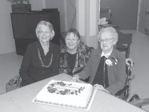 Centenarian Phyllis Noyes is pictured here with her daughter Sharon Eliasen (far left) and Rev. Beth Benson during our Centenarian Social on September 20.