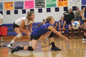 Sarah Toftey made a nice save on this ball, making a nice bump to her front row while Raina Ryden looked on ready to make an assist if needed.