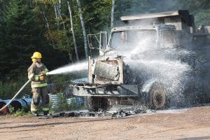 The Grand Marais Fire Department responded to a dump truck on fire at Edwin E. Thoreson, Inc. on Friday, September 30. The 1992 International dump truck was fully engulfed. Firefighters used water and then foam to extinguish the blaze.