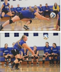 Top: Abby Prom makes a great athletic play, stretching like a big cat to take this ball off of the floor. Above: In perfect position Maranda Deschampe makes a nice play on the ball, setting her front row up for a kill. Right: “No you don’t!” said Alyssa Lashinski to the McGregor Mercury player who was trying to spike on the Vikings.