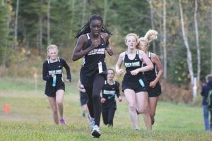 The North Shore Storm cross country team is winding up its excellent season with the Section 7 cross country meet this weekend, and for most of the runners, the season will end. Above, Zoe Nonnemacher leads her teammates (l-r) Sidni Hedron, Anna Hay, Payton Dobman, and Ellen Callender. This picture comes from the conference meet held at Pincushion.