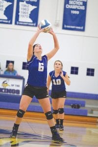 No, Tarin Hanson didn’t catch this ball, as Reilly Wahlers (10) looked on, Hanson set the ball to her front line. Tarin finished second in the Polar League in set-assists with 520.