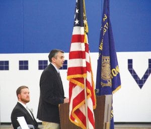 Cook County School District I.S.D. 166 school counselor Kris Hoffman intently watched and listened to Dr. Bill DeWitt as he delivered the Veterans Day speech at the school last Friday. Although the crowd was smaller this year because many people, including students, had gone to the Twin Cities to watch the Viking girls volleyball team play in the state volleyball tournament, it was nonetheless a very meaningful time for those who attended, and who took part in this time-honored tradition to honor those who served the country.