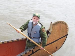 Tim Cochrane, pushing off of the dock in the Montreal Canoe during seasonal training in 2012. Tim was out for a paddle on the Grand Portage Bay with 12 new employees and volunteers. Getting “right into the mix” with his staff was just how Tim did business each and every single day as superintendent.