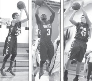 Left: Mikey Burton lofts a three point shot, hitting nothing but net. Middle: In traffic, Sam O’Phelan puts up a two point shot. Right: Dyami Blackwell fades back and lofts a one-hander over the defender's outstretched arms.