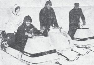 It’s a good thing the area had plenty of snow during the winter of 1967, as snowmobiles proved to have a special appeal for these foreign students and teacher, in whose countries snow is practically unknown. This photo was taken Feb. 2 at the annual AFS day at Cook County High School, which hosted the event for AFS students living in Duluth and the surrounding area. From left are students Anabel Parodi, local AFS student from Uruguay; Samran Juntarthong of Thailand; Nesar Formoli of Afghanistan; and local instructor Satya Pal Duggal from India.