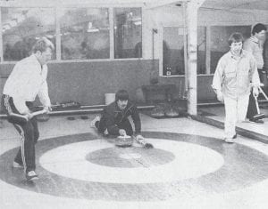 Local teams won the A and B events in the Grand Marais Curling Club’s bonspiel held in January 1984, with a Thunder Bay team taking the C event. Shown during the A event are members of the winning team, from left, Craig Schulte, Rory Smith and Ron Everson. Twenty-eight teams participated in the bonspiel.