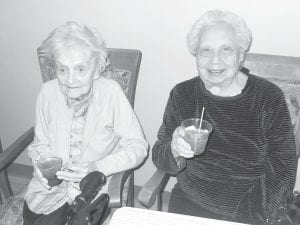 Ione Jones and Lorraine Wipson enjoy some social time during “Hilja’s Happy Hour” on January 24. Hilja prepared some special drinks and the residents had some tasty Chinese snacks in honor of the Chinese New Year.