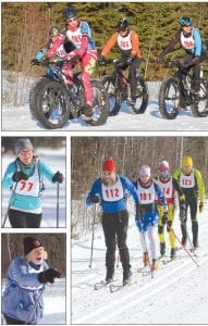 Top: Fat tire bikers were close here, but spread out as the race went on. Next year the goal is to make this event bigger. Upper left: A smiling Lynn Swanson (77) neared the finish line to cheers. Above left: Denny FitzPatrick (below Lynn), came across the line feigning slow motion, much to the delight of the crowd. Above right: Until the skiers found their own pace and rhythm, they stayed in a line, working together.