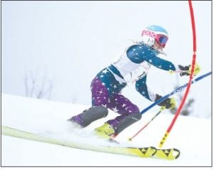 Reilly Wahlers, on the edge of her skis carving snow and bending gates as she makes her way down the hill at the state championships.