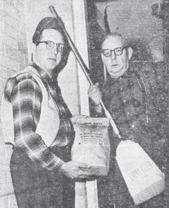 Grand Marais Lions Club member Walt Mianowski, left, kicked off the Lions’ annual broom and light bulb sale with a visit to Mayor Clark McElevey’s house in April 1967. Bernard Larsen, Lions’ campaign chairman, said the sales that year exceeded expectations – the Lions ran out of light bulbs and brooms after only a few hours and had to re-order more! Proceeds from the sales of the items were used for unspecified “charitable and worthy causes.”