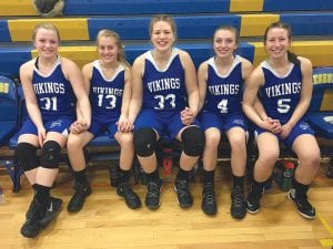 The CCHS girls’ exciting basketball season ended, but not before they won two games in the Section 7A playoffs and advanced to the section semifinals. Hand clasped and seated above is some of the players on the team, from L-R: Sophie Eliasen, Hannah Toftey, Emily Jacobsen, Sarah Toftey, and Maya McHugh.