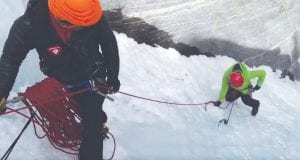 Lonnie Dupre and Pascale Marceau work their way up Mount Carpe. The couple is attempting to become the first people to reach the summit of Mount Carpe in the winter. In the past 6-7 days the duo has run into some tough climbing and have been thwarted so far in finding a safe path to the mountain top.