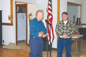 Roger (Bill) McKeever (left) lost narrowly to Rick Anderson for the supervisor seat, which he held. Bill was gracious in defeat, calling Anderson to the front of the room and praising him for the work Rick has done on the Road and Bridge Committee, which Bill also serves on. Anderson was equally gracious, and asked the Schroeder townsfolk to give Bill an ovation for all of the years of service he has given to the community, which they most heartily did.