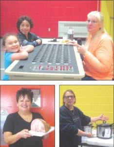 Top: Volunteer bingo caller, Missy Altman with helpers Nevaeh & Tony. Above left: Lori Anishinabe, meat bingo grand prize winner. Above right: Stew Cook off winner Bonnie Johnson points to her winning pot of stew.