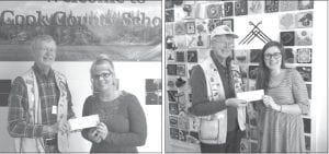 Above left: Next the Lions gave a donation to help send Cook County High School Spanish students to Concordia College Language Camp. The donation will give the students a great opportunity to become immersed in the Spanish language while at camp, said Maggie Frederichs. Here Carlson presents Maggie Frederichs with a check. Above right: And finally, Carlson, who loves to hand out checks, presented Kaitlyn Bohlin of North House Folk School a check for business membership.