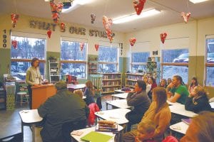 Seventh grader Ella Hedstrom commands an attentive audience while presenting a monologue as part of her contribution to the Writing Celebration.