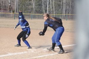 Mariah Deschampe made a nice play on this runner at first base in a recent fast pitch softball game. The senior and her twin Maranda are book ends for the Vikings with Mariah at first and Maranda playing third base.