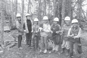 The U.S. Forest Service and the Nordic Nature Group got together on Monday, May 15 to plant some trees in the Grand Marais harbor on Artist Point. “The Nordic Nature Group teamed up with the Forest Service to help reforest Artist Point. Planting trees also helps sequester carbon and this will help with Grand Marais’ efforts to address climate change,” said Olya Wright, age 10, who helped lead the effort. Above: Tree planters extraordinaire (l-r): Jeanne Wright, Myra Theimer, Lexi Surbaugh, Grace Blomberg, Olya Wright, Naomi Tracy-Hegg, and Amery Oberg. Right: Lexi Surbaugh shows off her skills with a tree-planting bar. Far right: Grace Blomberg and Olya Wright planting and caging a white spruce seedling.