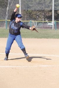 Showing great pitching form, Abby Prom delivers some “heat” at a recent home game. Prom won two starts for the Vikings, who spent the season looking for a “go to” pitcher.