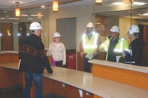 Following a recent hospital board meeting two BOLDT employees took three members of the hospital board on a tour of projects completed in the rehabilitation and addition to the North Shore Health facilities. Here they are looking at a new nurse’s station. Starting in front from L-R: Randy Wiitala, Kay Olson, Josh Kostiuk (Boldt), Josh Christiansen (Boldt), and Justin Mueller.