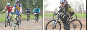 Top Left: Wearing dark sunglasses and sporting a beard, Grand Marais Mayor Jay Arrowsmith DeCoux leads a large group of riders in the Le Grand du Nord 100-mile gravel-grinding bike race. Above left: Jonathan Rova rides just ahead of April Wahlstrom (left) in the 50-mile race. Above right: Lee Bergstrom flashes a smile as she pedals for a distant finish line.