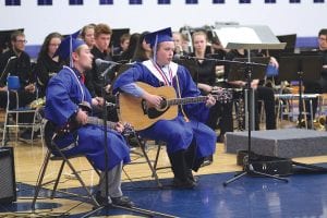 Jack Viren (Left) and Noah Roth teamed up to sing John Denver’s classic Country Roads. Roth, a fine singer, was also this year’s class valedictorian.