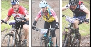 Left: Always a smile on his face, Bill Lane rides for the finish line. Middle: Lynne Wiitala rode 19 miles through the rain and mud and finished in one hour, 23 minutes and some change. Right: Up and coming mountain bike racer Henry DeArruda- Weaver finished the 39-mile race in three hours and two minutes.