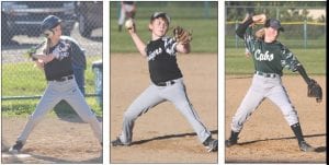 Above left: Wielding a big bat, Morgan Starkey got ready to slam the next pitch into the field of play. Middle: In his full wind up, Jacob Carpenter delivered a fastball to the batter for a strike. Right: Girls can’t pitch? Tell that to Ella Sporn. She may not be the next Ila Borders, the first woman to pitch in the minor leagues, but then again, who knows?