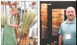 Above left: One could get swept away by Grand Marais broom-maker Marybeth Garmoe’s artistic hand-made brooms that were on display and for sale at the fair. Above right: Daniel Hedblom of Rochester, Minnesota cuts copper to a workable size, shapes it, and then heats it to get the color displayed in his work. Finally he uses a dremel drill to make the trees or other designs in his work.