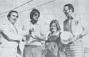 Bob Junkert, left, of Channel 6 TV, hands the keys to the Lions Club grand prize Chevette to a happy and somewhat stunned Bud Cooke of Prior Lake at the conclusion of the 1977 Fisherman’s Picnic. Looking on are Cooke’s wife, the former Sue Popham of Grand Marais, and Vern Lueth, general chairman of the Picnic.