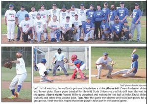 Left: In full wind up, James Groth gets ready to deliver a strike. Above left: Owen Anderson slides into home plate. Owen plays baseball for Bemidji State University, and his skill level showed in the game. Above right: Frankie Miller is crouched and waiting for the ball as Miles Drake slides stylishly and safely into second base. Top: After the game the players who took part posed for a group shot. Next year it is hoped that more players take part in the alumni game.