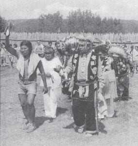 Six drums from reservations throughout Minnesota, Canada and Wisconsin provided many hours of singing and music during the weekend Grand Portage Pow-Wow and Rendezvous Days in August 1983. Crowds at the pow-wow grounds and Grand Portage National Monument were treated to a variety of activities including a fiddling contest, dances, crafts, a turkey shoot, voyageur contests, and of course – lots of delicious food including mooseburgers and fry bread.