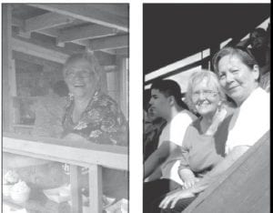 Above left: Volunteer Mary Bowels working the line at the Fish Shack during Rendezvous Days. Above right: Old friends and volunteers catching up. Toni and Judy.