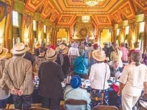 The 5th annual Cook County Higher Education afternoon tea party held at Naniboujou Lodge was a big hit. At the mike, Karen Blackburn, director of Higher Ed, and CCHE employee Kelsey Kennedy, thank everyone for attending the fundraiser, which raised more than $11,000 for CCHE.