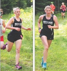 Left: Running hard, Claire LaVigne helped the girls’ varsity to a second-place finish. Right: Malin Anderson placed first in the junior varsity race at Eveleth.